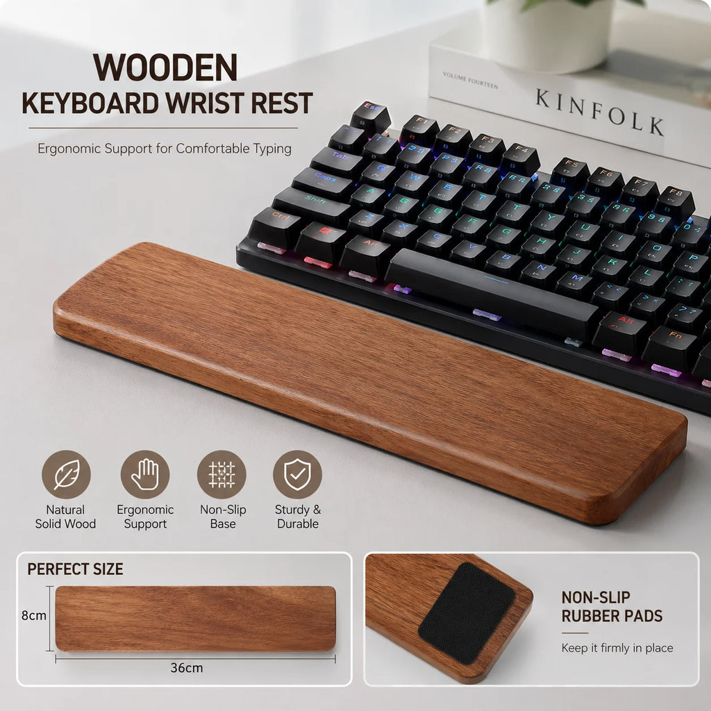 Solid wood keyboard wrist rest in front of a mechanical keyboard