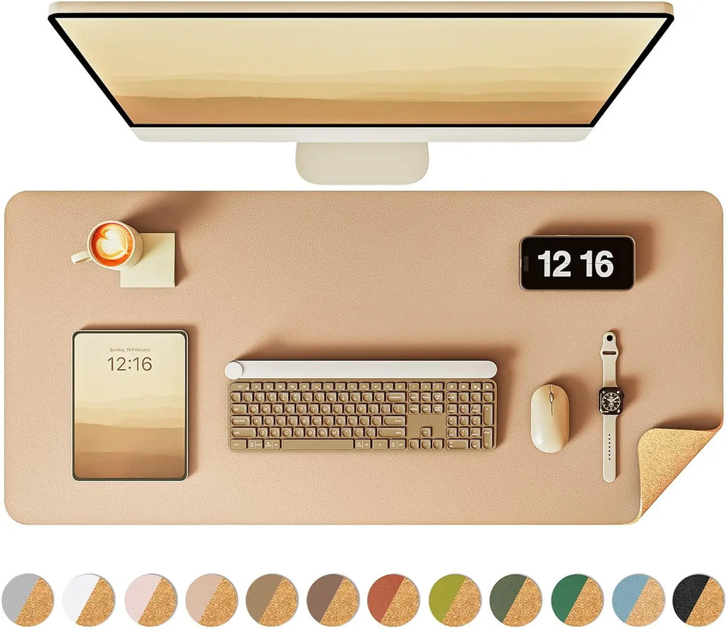 Reversible desk pad showing a cork face and a leather face
