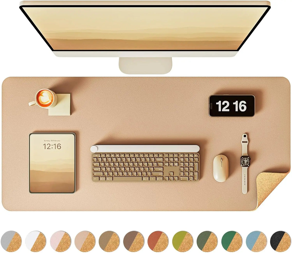 Reversible desk pad showing a cork face and a leather face