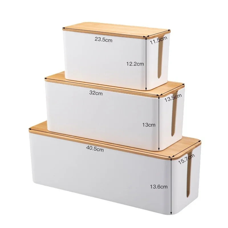 Compact bamboo cable organizer box with a lift-off lid