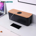 Wooden dustproof cable case organising a socket and wound cables