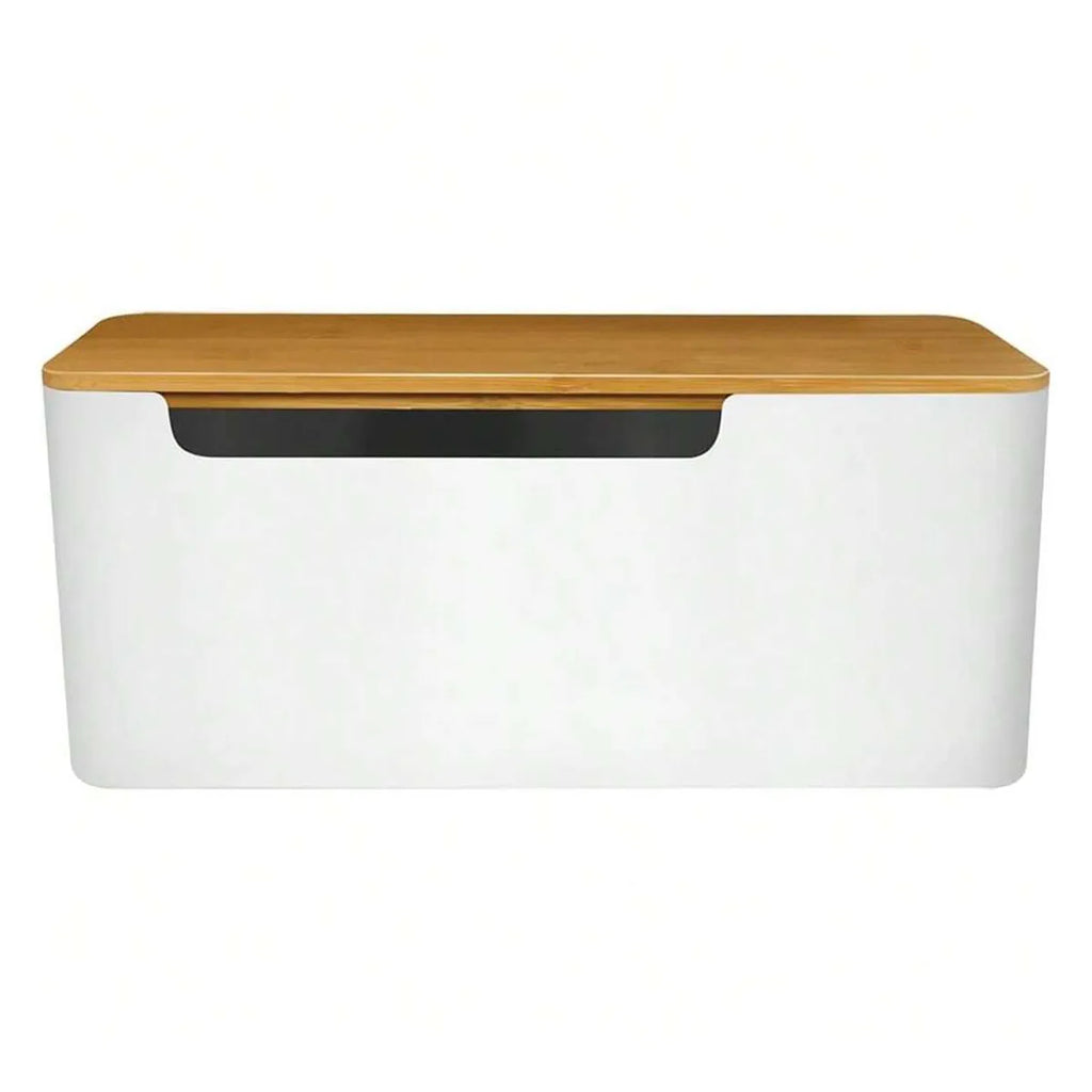 Cable concealer box with a bamboo lid covering an extension cord