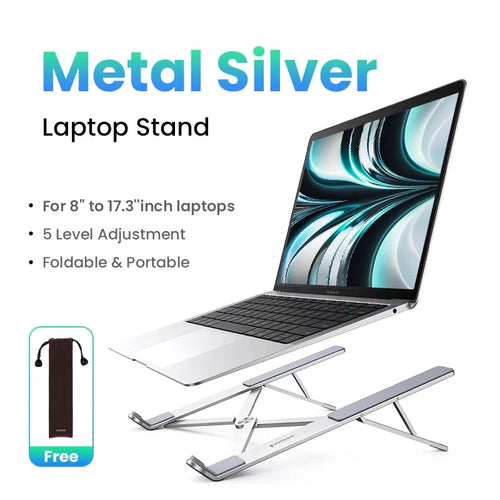 Foldable aluminum laptop stand raising a notebook to eye level