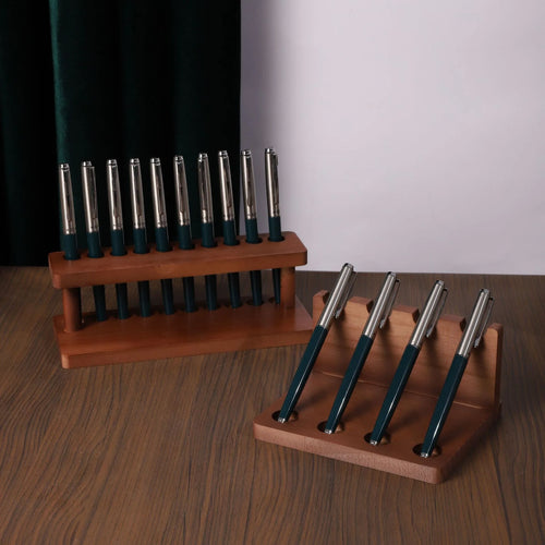 Walnut multi-function desk organizer with pen slots and a phone stand