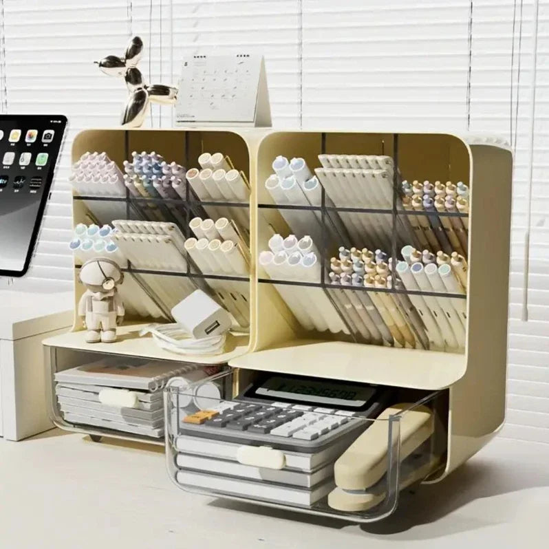 Multi-layer desk organizer with angled compartments holding pens