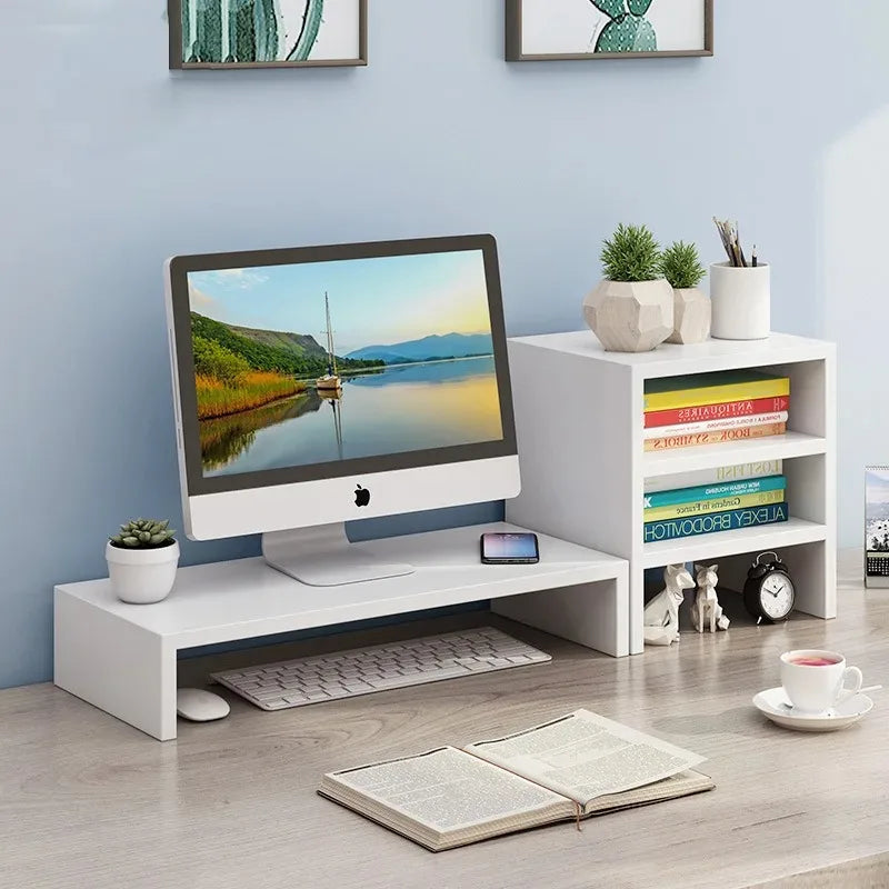 Tiered desktop screen stand with layered storage shelves