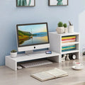 Tiered desktop screen stand with layered storage shelves