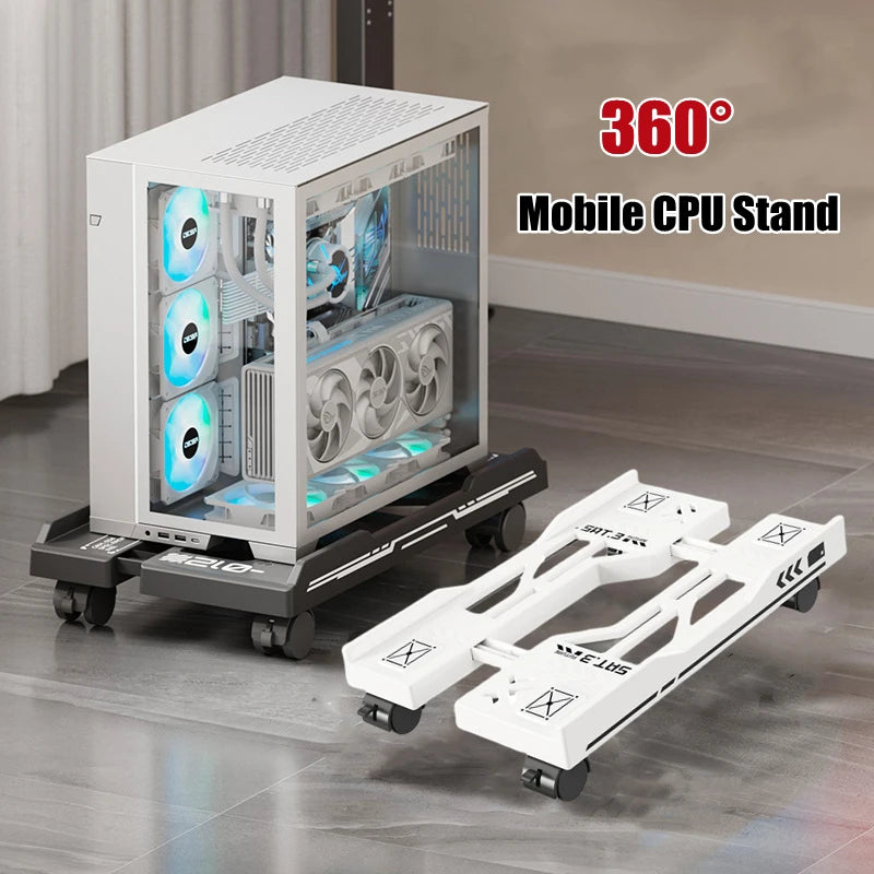 Adjustable rolling CPU stand holding a computer tower under a desk