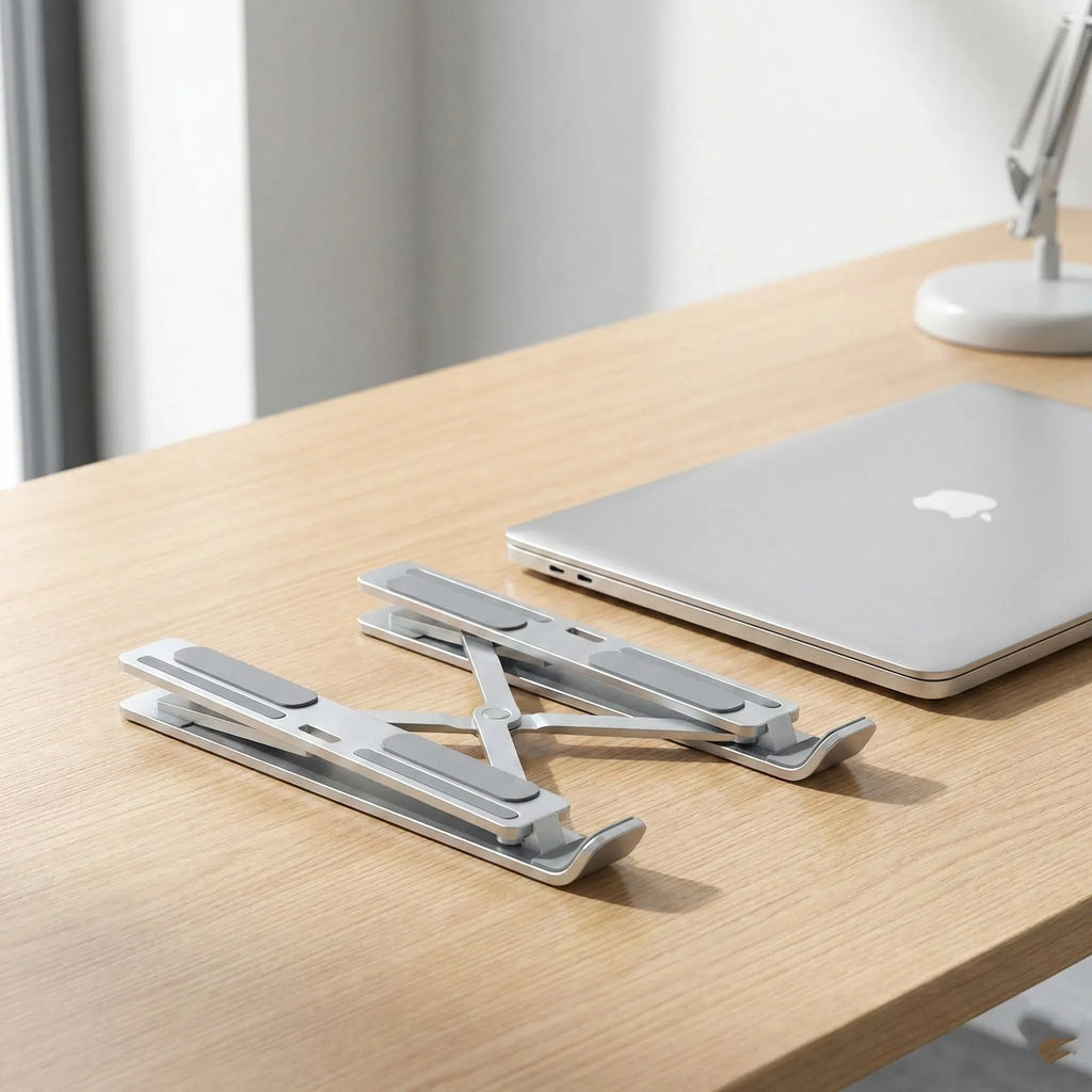 Adjustable aluminum laptop stand set to a raised working height