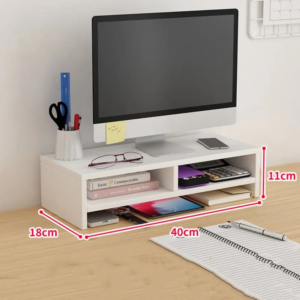 Wide solid wood monitor riser supporting a large display