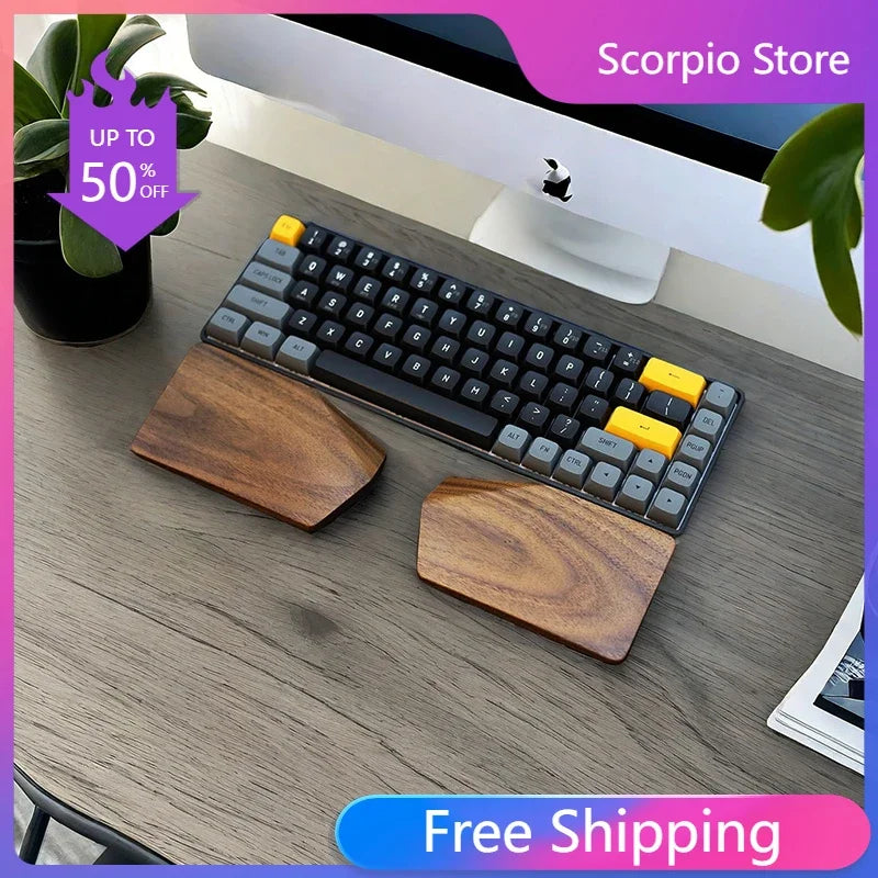 Split walnut palm rest shaped for an Alice layout keyboard