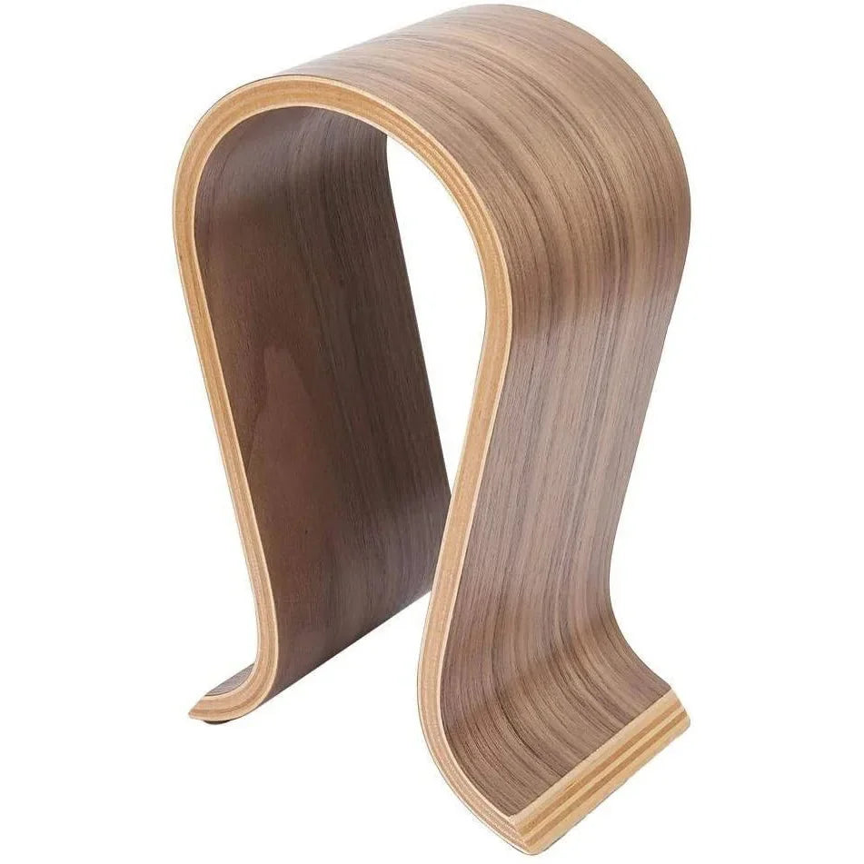 Solid walnut headphone hanger displaying an over-ear headset