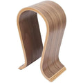 Solid walnut headphone hanger displaying an over-ear headset