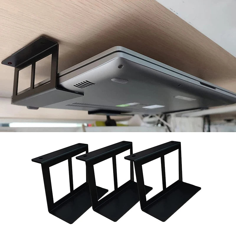 Under-desk laptop mount holding a closed notebook beneath a desk