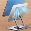 Rotating adjustable tablet stand holding a tablet in landscape