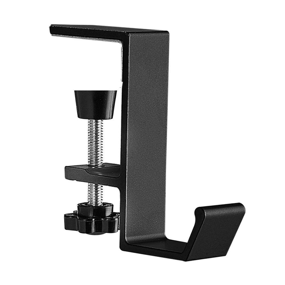 Aluminum headphone hook mounted under a desk edge