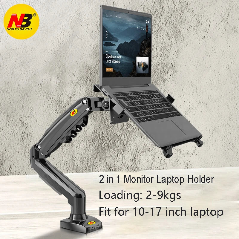 Dual mount holding a monitor and a laptop side by side above a desk