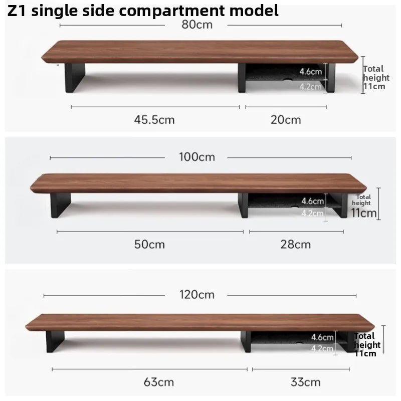 Black walnut monitor riser with a side storage shelf
