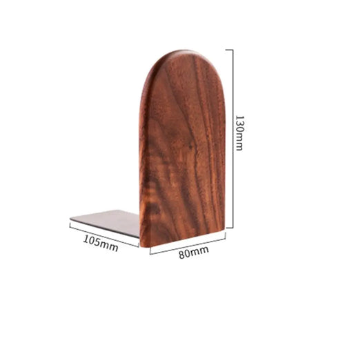 Wooden bookends in walnut supporting books on a desk
