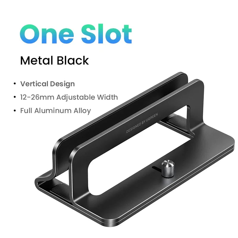 Vertical aluminum laptop dock holding a closed notebook upright