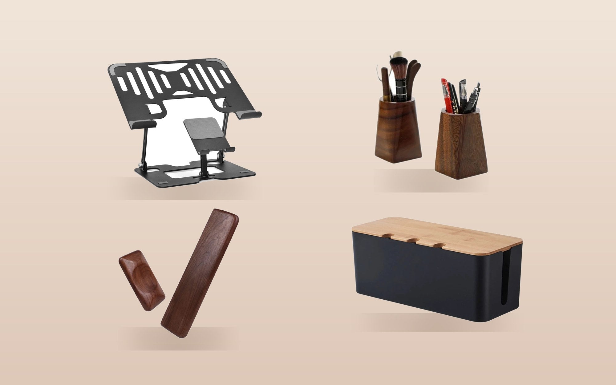Four Deskon pieces arranged on a warm background: a device stand, a walnut storage cube, a walnut wrist rest and a cable box